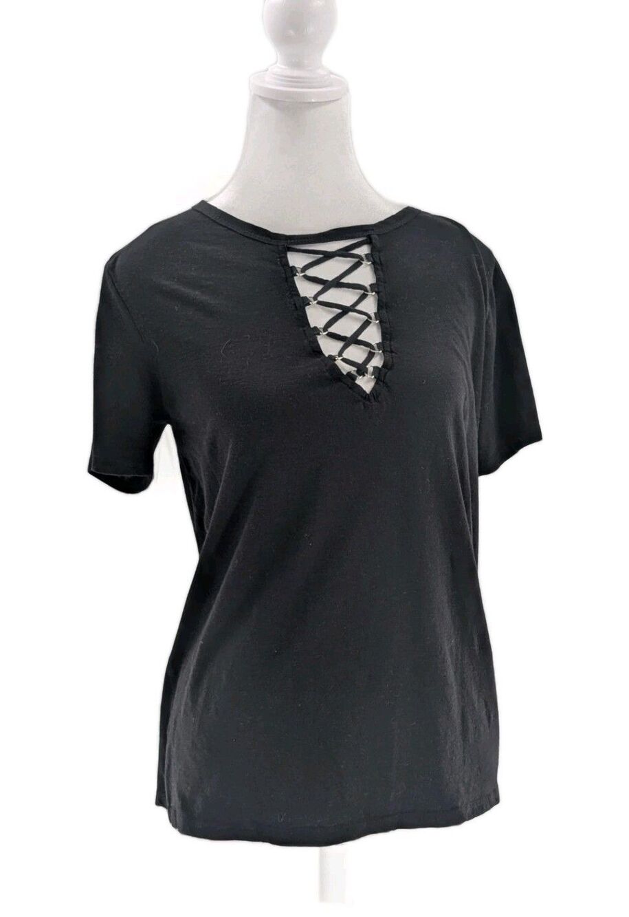 Y2K Goth Punk Black Lace up Criss Cross Short Sleeve Keyhole T-Shirt Medium